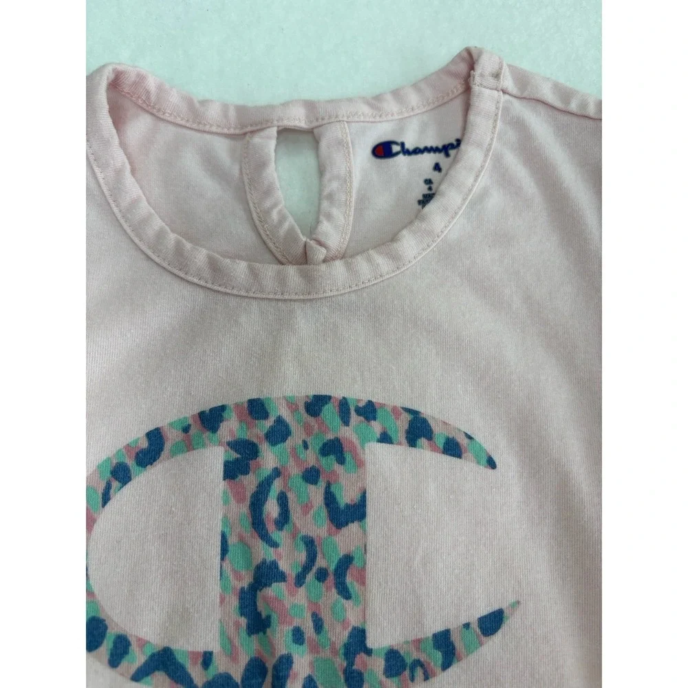 Champion Girls Pink Graphic Logo Ruffle Sleeve Keyhole Neck T-Shirt Size 4t